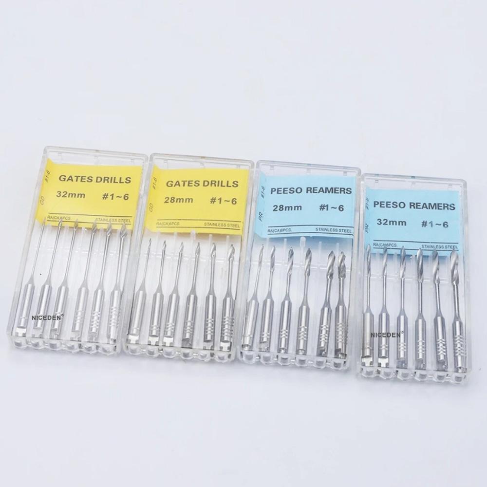 6Pcs/Box Dental Engine Use Endodontic Gates Drill Peeso Reamers Glidden Rotary 28mm/32mm #1-6 Stainless Steel Endo Files Dentist