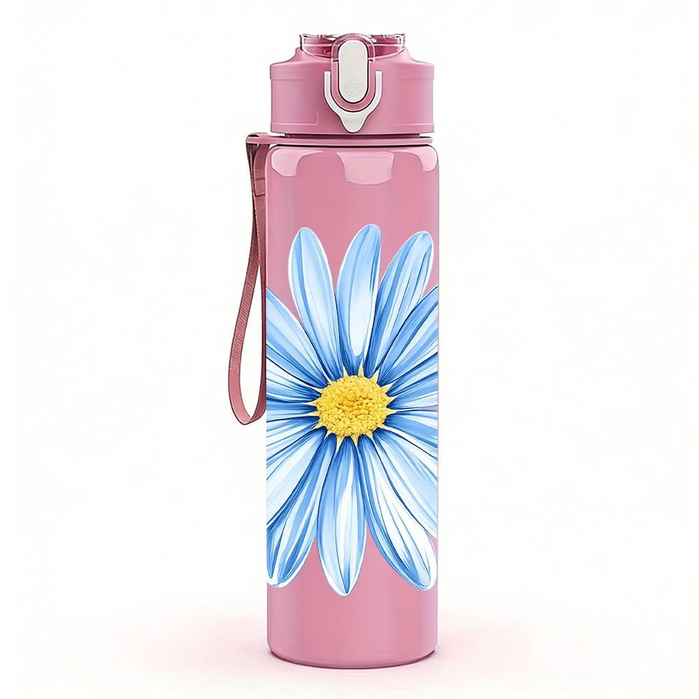 1PC Blue Daisy Watercolor Flower Print 750ml Color Plastic Sports Water Bottle Leakproof Flip Straw Lid Suitable for Sports Office Home Use
