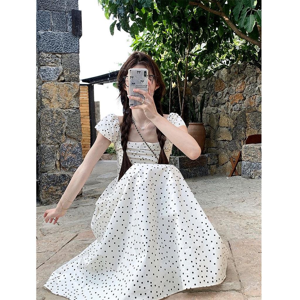 French niche Feifei sleeve polka dot dress women's design sense age-reducing A-shaped skirt slim temperament gentle wind long dress
