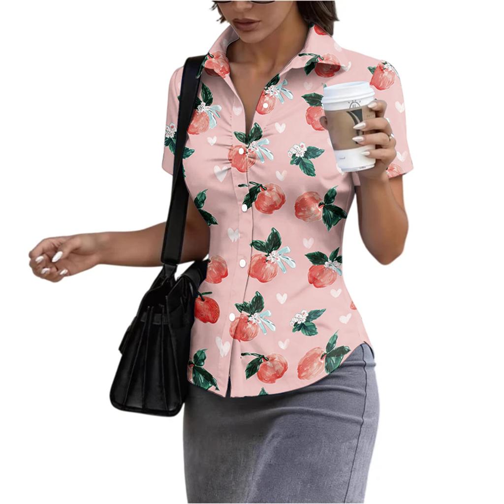 Women Short Sleeve Button Down Shirt Slim Fit Collared Blouse Lightweight Casual Workwear Top for Summer
