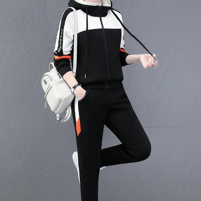 Women's Autumn Winter Fleece-lined Thickened Sports Suit Hooded Sweatshirt Two-piece Set Korean Style Warm Clothing
