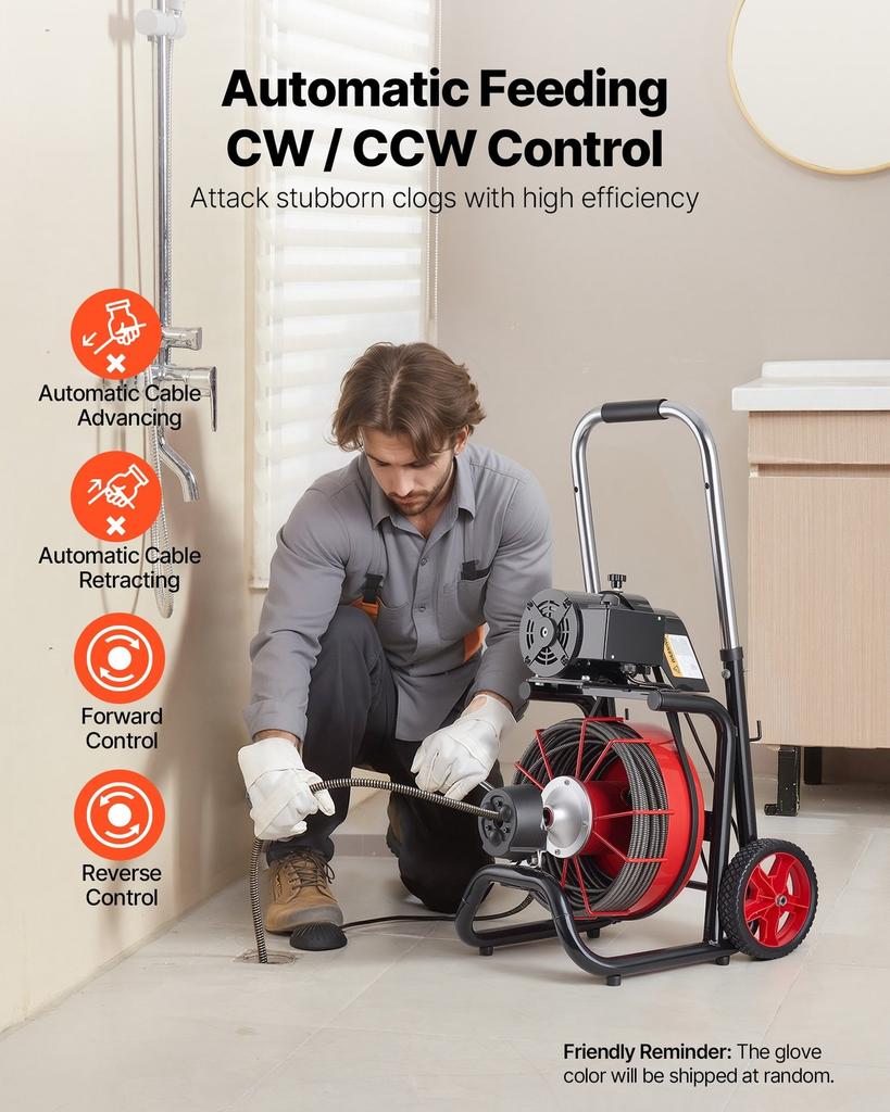 Drain Cleaner Machine 30m x 10.5mm, Auto Feed Sewer Snake Auger on Wheels - with 8 Cutters & Air-Activated Foot Switch for 50mm to 100mm Pipes