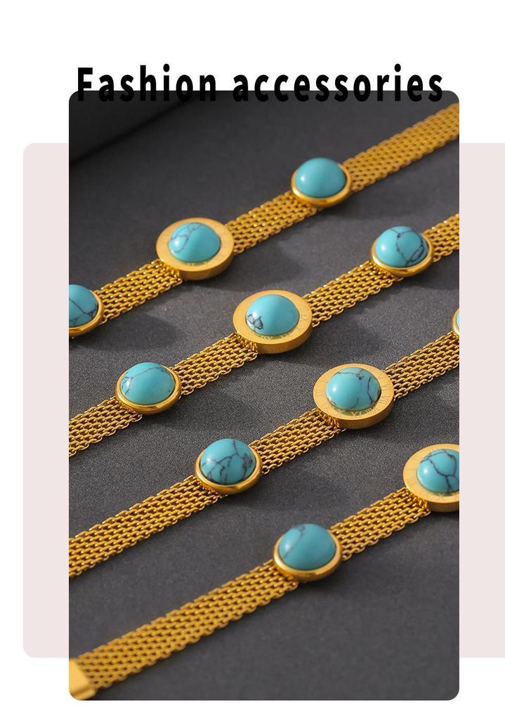 18K Gold Plated European-Style Turquoise Mesh Bracelet with Retro Design