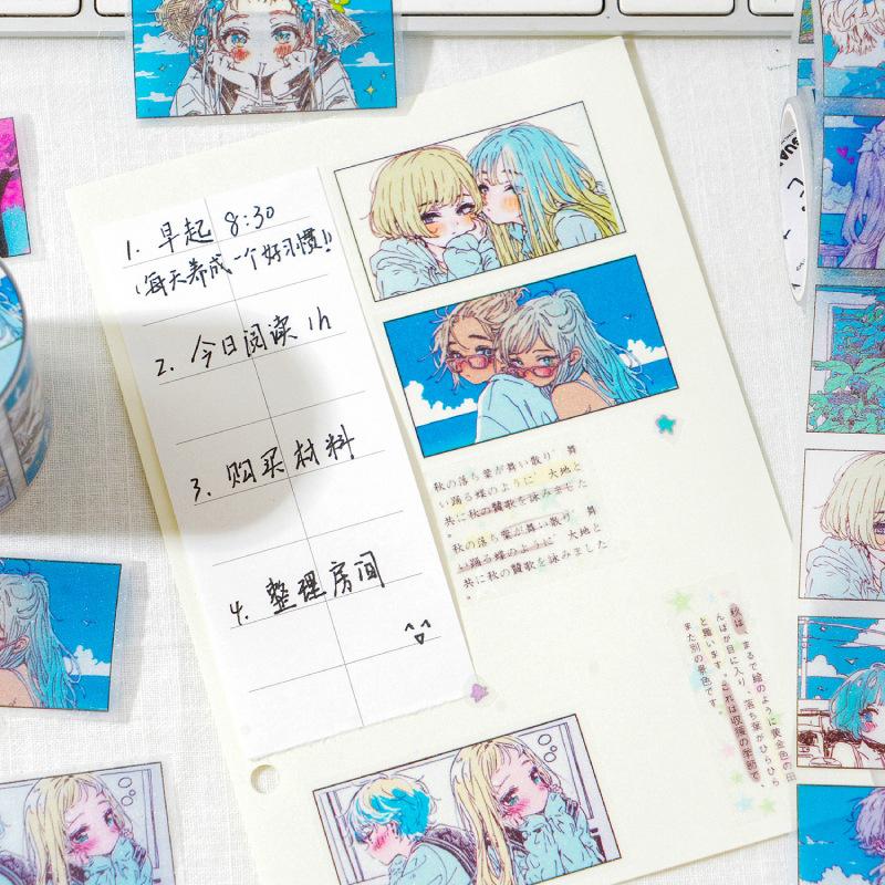 1roll Japanese Anime & Two-Dimensional Manga-Style Tape Stickers, Vibrant Character Designs for Journal Notebook Decoration Tape