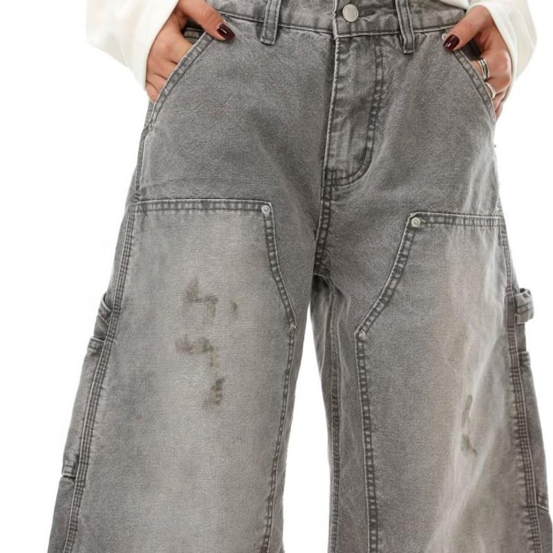 Mens Vintage Washed Grey Splatter Paint Wide Leg Denim Pants Loose Fit Straight Cut Low Rise