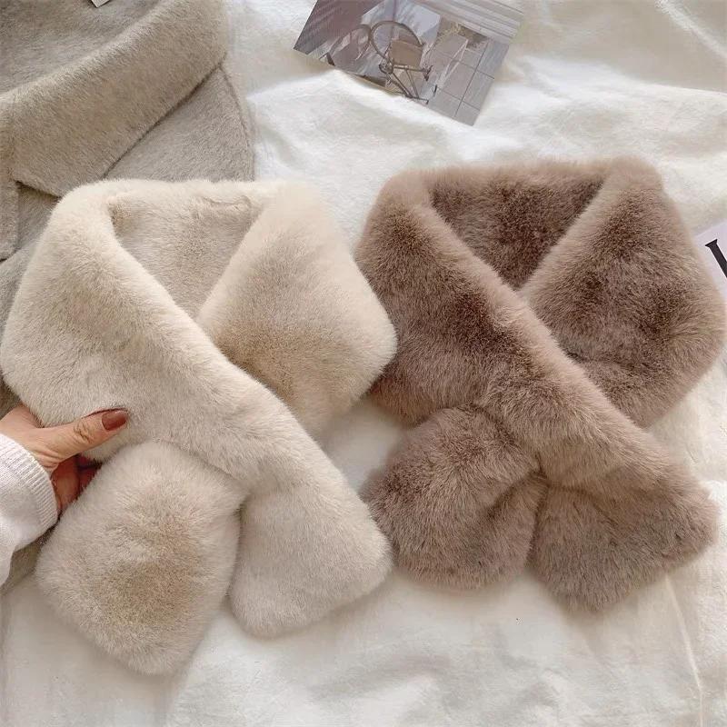 Winter Thicken Rabbit Fur Collar Scarf Women Keep Warm Fur Cross Winter Scarf Autumn Winter Fake Fur Plush Neck Cross Scarf
