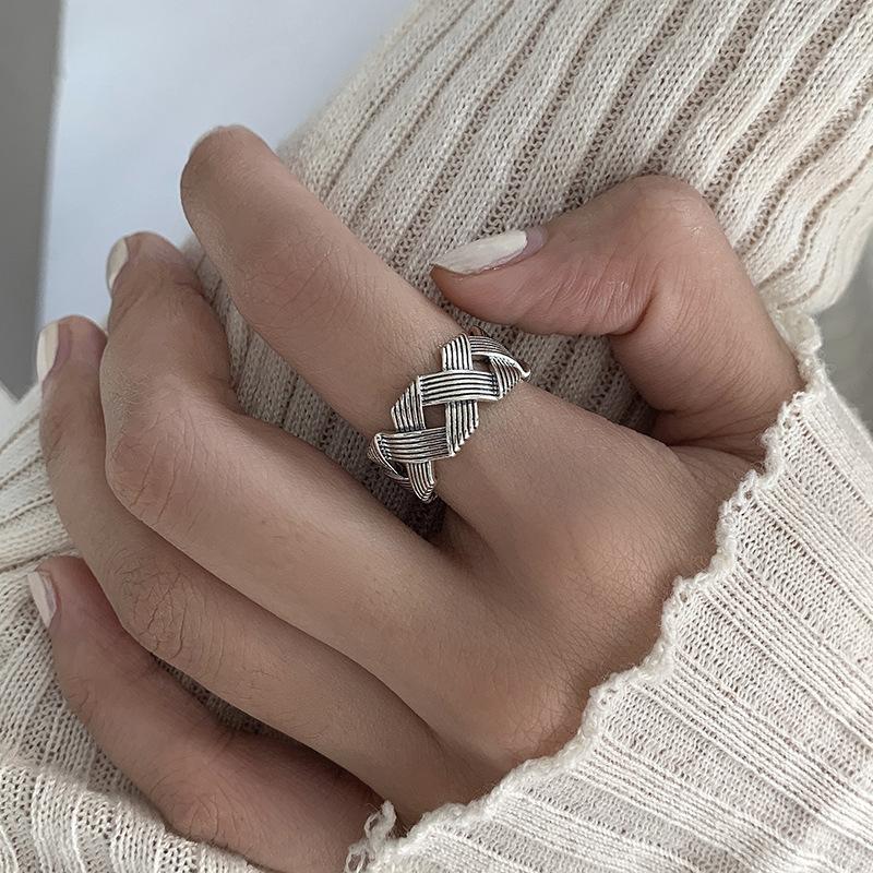 S925 Sterling Silver Ring Women's Retro Cold Wind Ring Old Texture Cross Twist Braided Ring Hipster Ring Jewelry