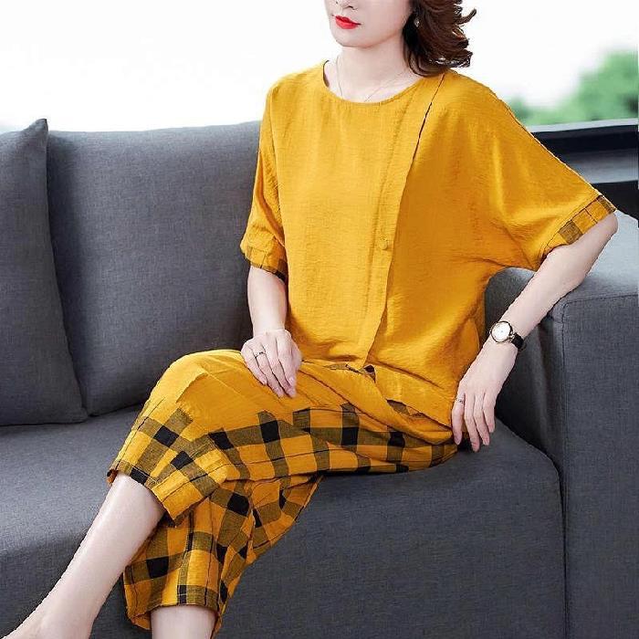 Loose Plus-size Plus-size Mom Summer Set, Women's 1116 New Slimming Fashionable Trendy Plaid Two-piece Set