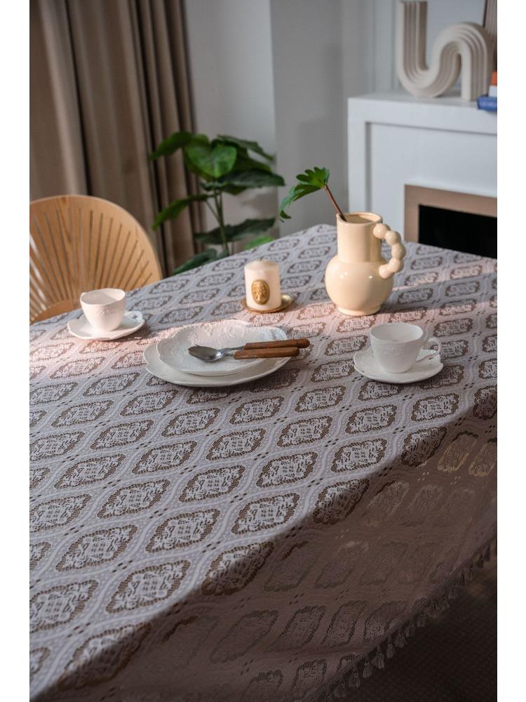 Bohemian Style Beige Tassel Tablecloth, American Pastoral Ins Hollow Crochet Rectangular Woven Table Mat, Geometric Pattern