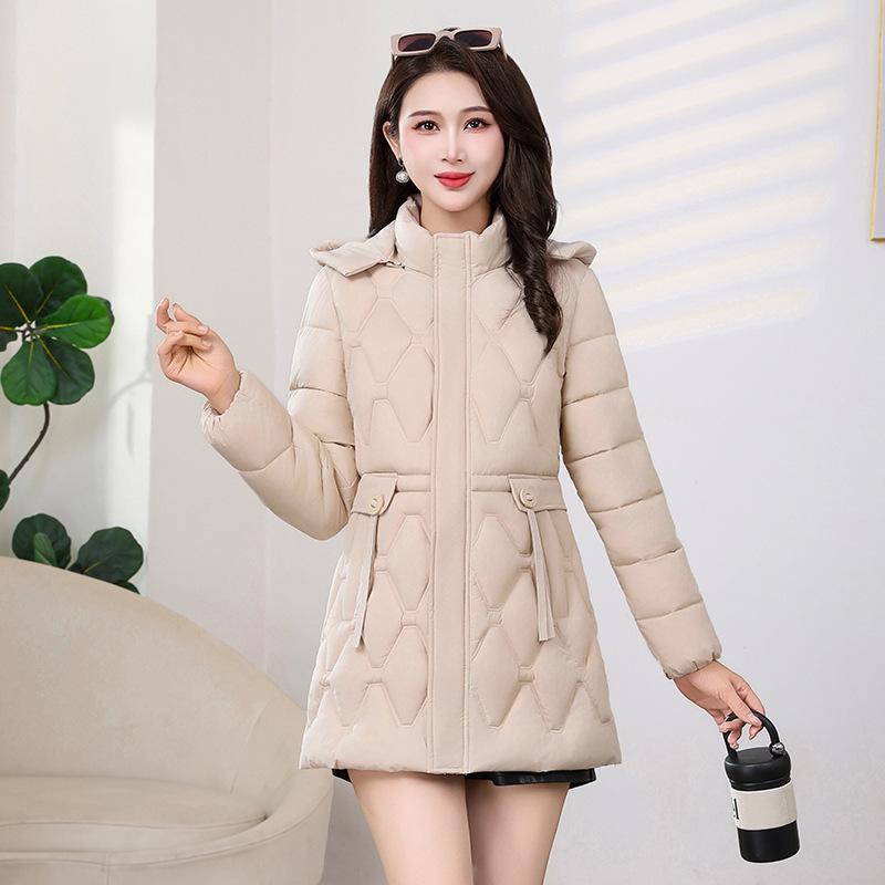 

Жіноче зимове пальто середньої довжини, приталеного крою, з капюшоном, на бавовняній підкладці 2025 - Модний, теплий, універсальний верхній одяг XL бежевий
