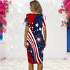 Women Plus Size Round Neck Short Sleeve Printed Fitted Dress Red White Blue Star Firework