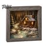 Snowy Cabin Ornament Christmas Night Light Picture Frame, Vintage Wooden Frame 3D Mini Seasonal Home Accents Landscape Lamp, Desktop Atmosphere Decor