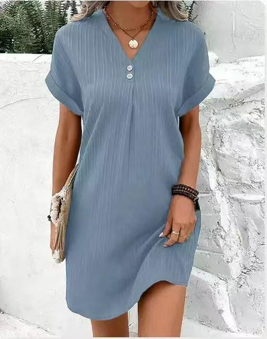 Elegant 2025 Women's V-Neck Solid Color Casual Button Dress