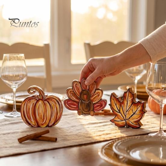 Thanksgiving Party Decor Accessories 3Pcs Wooden Block Signs, Fall Pumpkin Turkey Maple Leaf Tabletop Display Ornaments Decor, Farmhouse Tiered