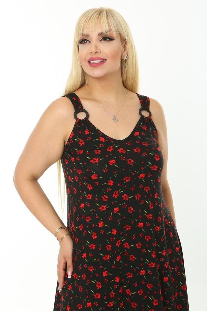 Women's Big Size Dress Red Small Flower Pattern Strap Dress