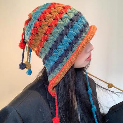 Personalized Fashion Hand Hook Colorful Ball Ladies Winter Student Hat Adult Versatile Knitted Hat Warm Ear Protection Tide