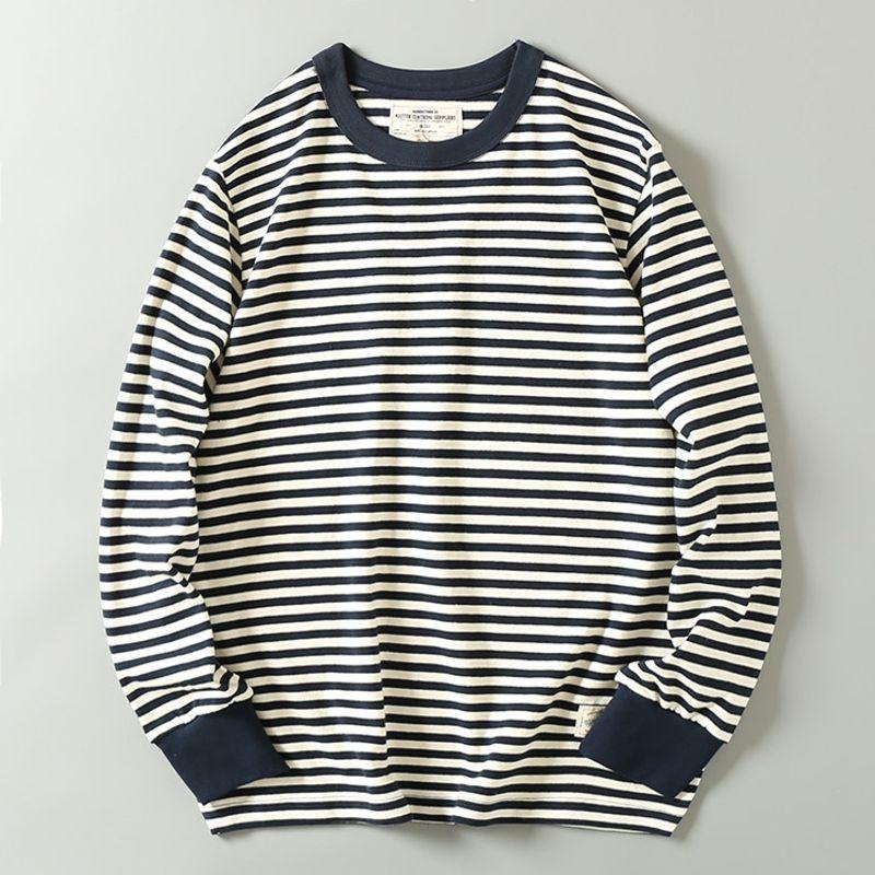 and Autumn Heavy Weight Cotton Navy-Striped Shirt Men's Long-Sleeved T-shirt Cotton Retro Blue and White Stripes Loose Bottoming Shirt Tops Tide