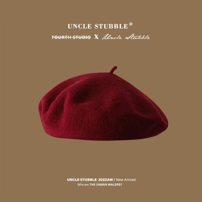 

Высококачественный австралийский шерстяной берет: Анти-пиллинг, корейский стиль, однотонная, ретро-шляпа художника для девочек One Size бордовый