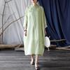 Women Green Ramie Chinese Style Dress Stand Long Sleeve Print Floral A-Line Dress Autumn Button Vintage Dress