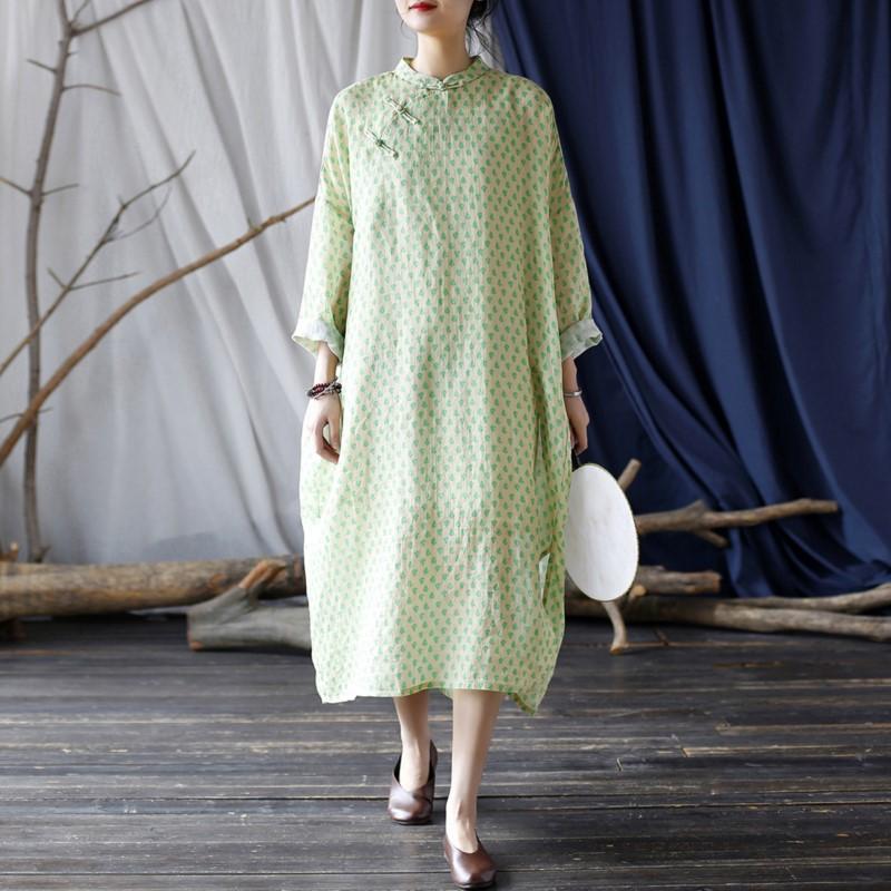 Johnature Women Green Ramie Chinese Style Dress Stand Long Sleeve Print Floral A-Line Dress Autumn Button Vintage Dress