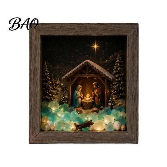 Seasonal Shelf Display Christmas Sea Glass Shadow Box Night Light, 3D Winter Snow Scene Wooden Decorative Lighted Frame Art with LED Warm Glow,