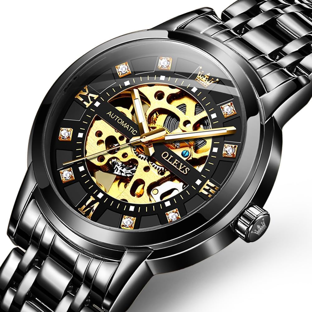 OLEVS Men's Watch Stylish Automatic Mechanical Gentleman Fashion Waterproof Luminous Brand Stainless Steel Black (Gold/Black 9901)