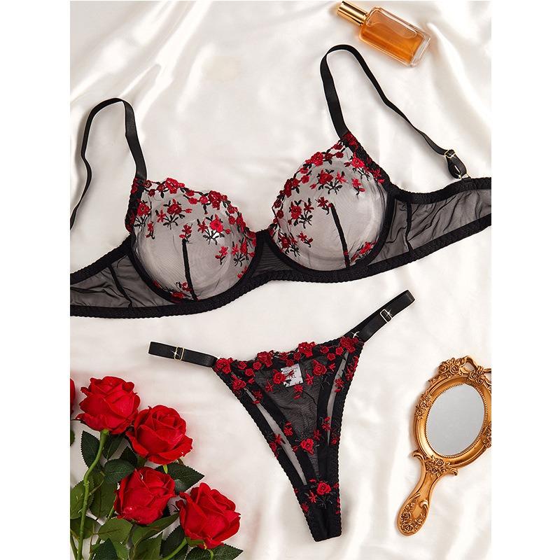 New Flower Embroidered Bra Underwear Pure Desire Mesh Seduction Sexy Lingerie Set