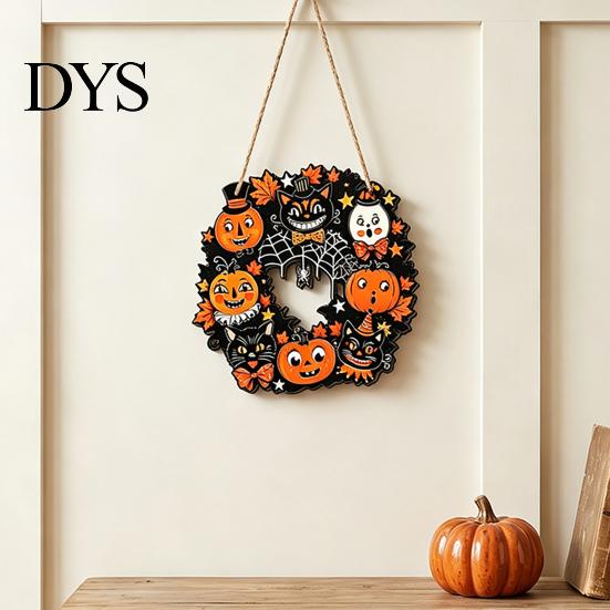Halloween Theme Party Supplies Wooden Hollow Round Hanging Sign, Pumpkin Spider Web Haunted Ghost Bat Ornaments House Ornament with Hemp Rope, Festive