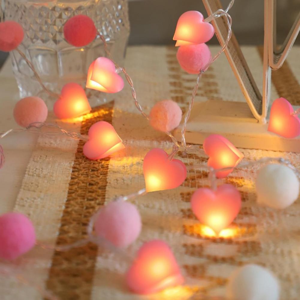 Valentine Day String Lights Heart-shaped Led Lights Led Pom Poms Fairy String Lights with 20 Pink Heart Leds Battery for Wedding