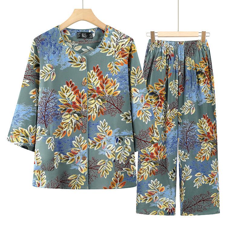 

Grandma Printed Cardigan Pajama Set for Middle-Aged and Elderly Women 3XL -- 125-135 jin зелений