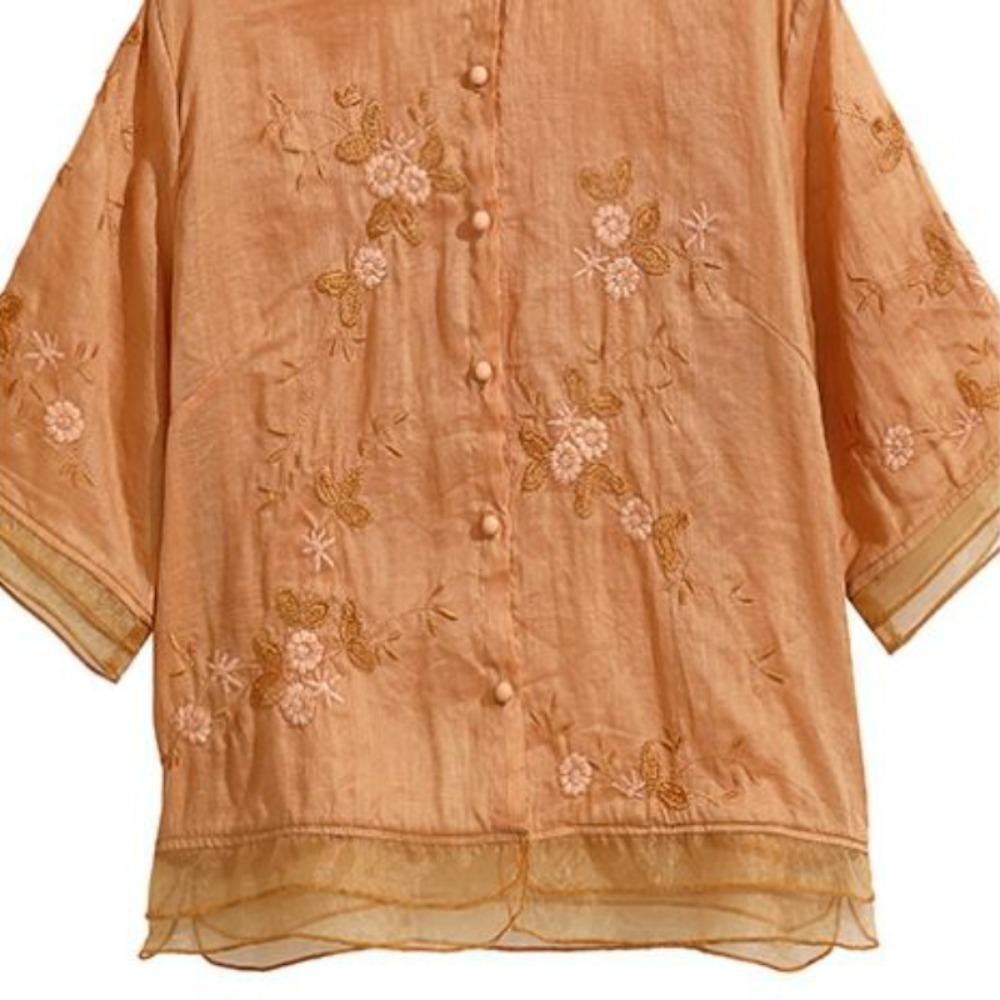 Vyšívaná košile se stojáčkem Letní tříčtvrteční rukáv Dámská volná halenka z bavlny