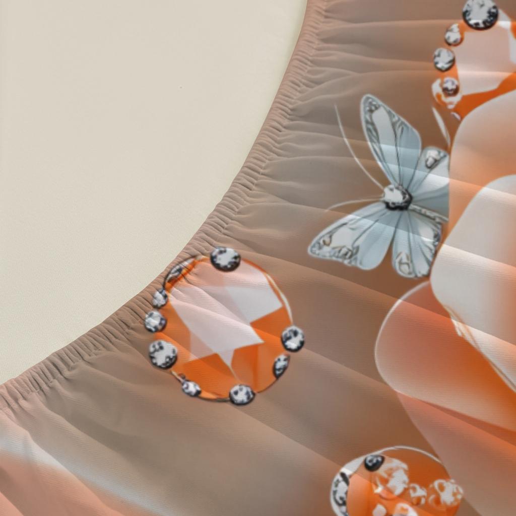 Rose And Butterfly Printed Fitted Sheet Set Peach Color Floral Design With Pillowcases For Bedroom Decor