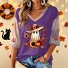 Women's V-Neck Casual Halloween Print Three-Quarter Sleeve Top for Fall Festive Occasions