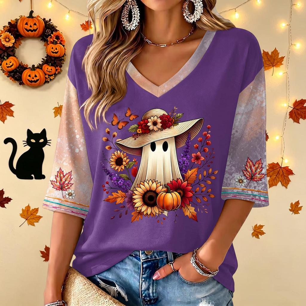 Women's V-Neck Casual Halloween Print Three-Quarter Sleeve Top for Fall Festive Occasions