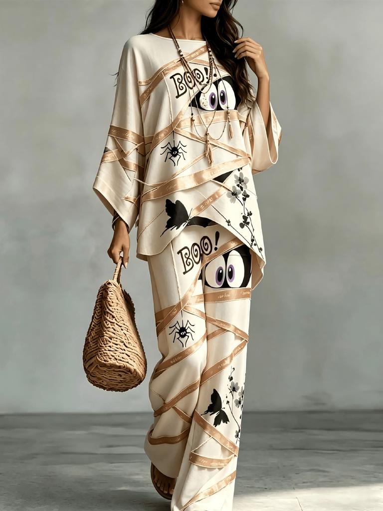 Women's Plus Size Halloween Mummy Print Two-Piece Set