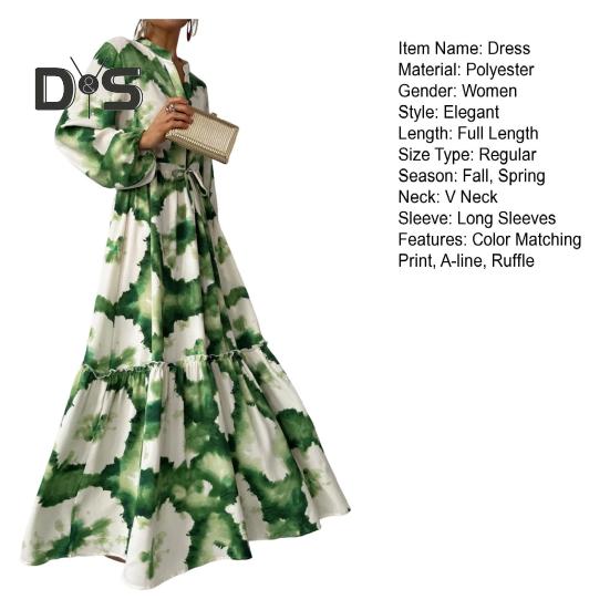 Spring Fall Dress V Neck Shirring A-line Big Swing Full Length Slim Waist Lantern Sleeves Ruffle Artistic Color Matching Print Prom Cocktail Party