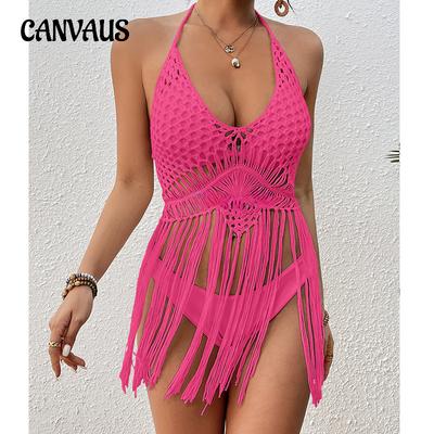 Damen Strandurlaub Sexy Handgehäkeltes Bindeband Hohl Lange Fransen Überzug Kurzes Top