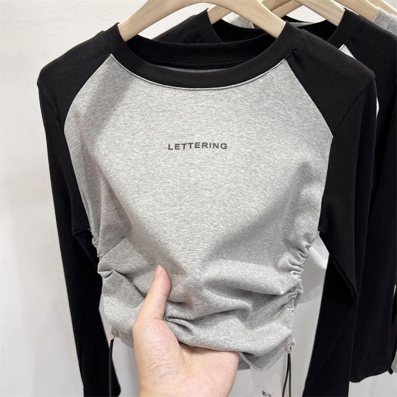 Spice Girl Fat Mm Side Pleated Skinny Contrast Color Crew Neck Shoulder Long Sleeve T-Shirt Women's Autumn Bottom Shirt