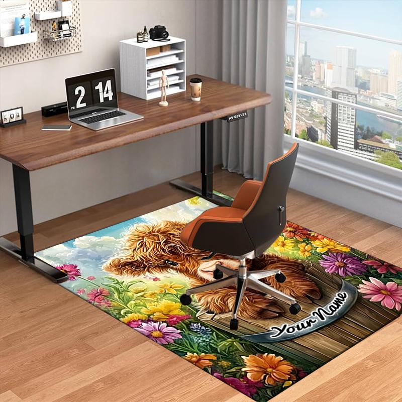 1PC Custom Name Highland Cow In Flowers Theme Floor Mat Ideal for Living Room, Game Rooms, Office, Bedroom,Floor Mat Playful Design187