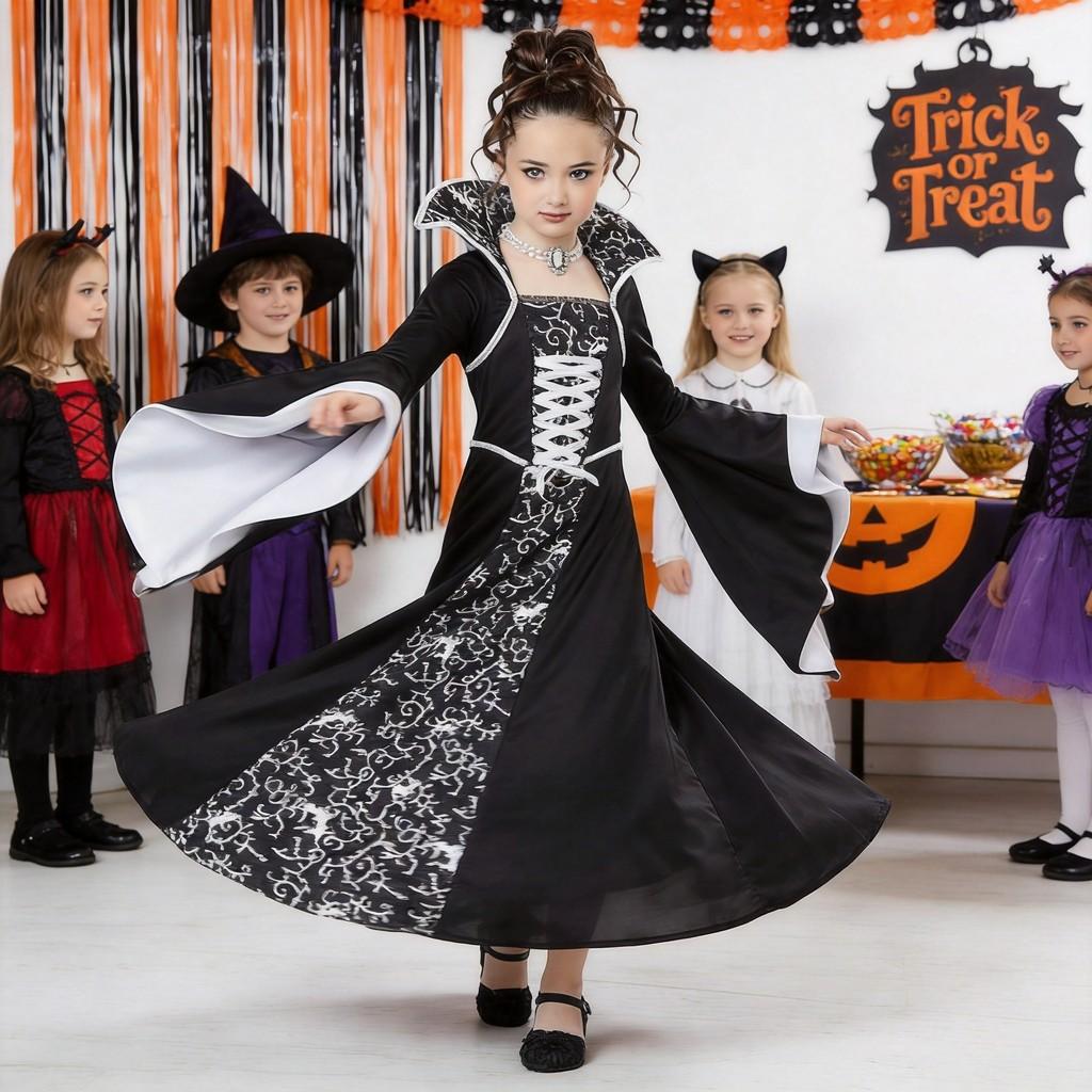 Halloween Witch Costume For Girls With Vintage Dress And Stripe Details For Kids Age 3 To 8