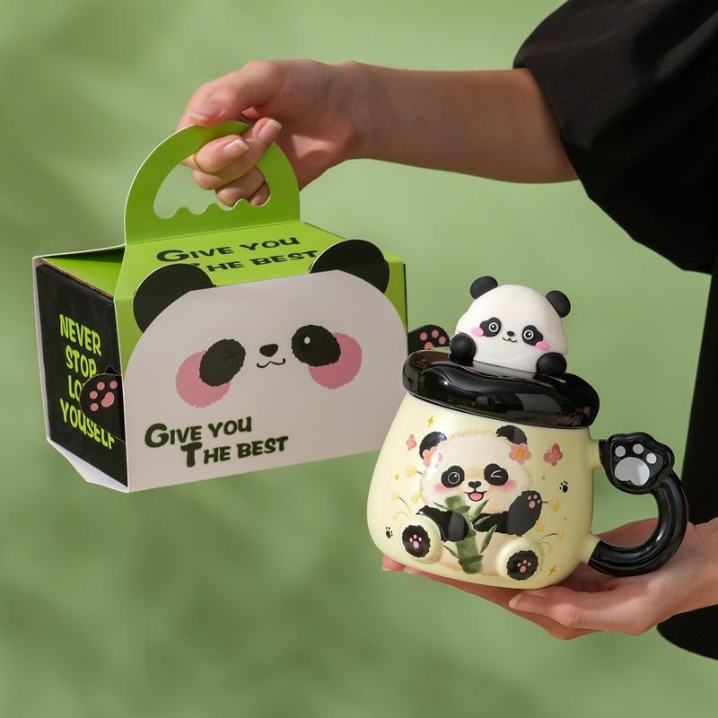

Three-dimensional cute panda mug with lid ceramic cup office high value cute girl water cup creative student 400ml