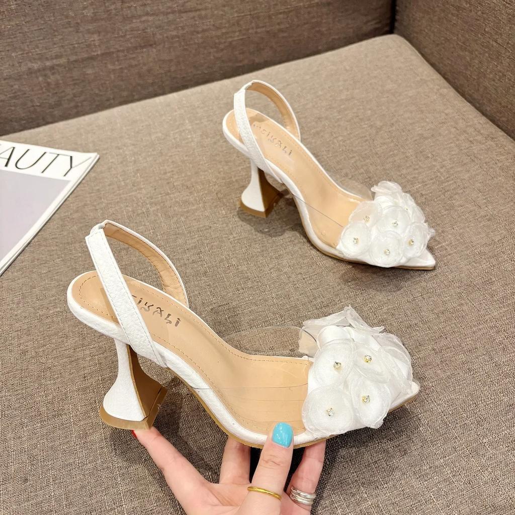 Sexy Pointed Transparent PVC Cover Teo High Heels Sandals Flower Rhinestone Back Strap Women Banquet Dress Shoes White