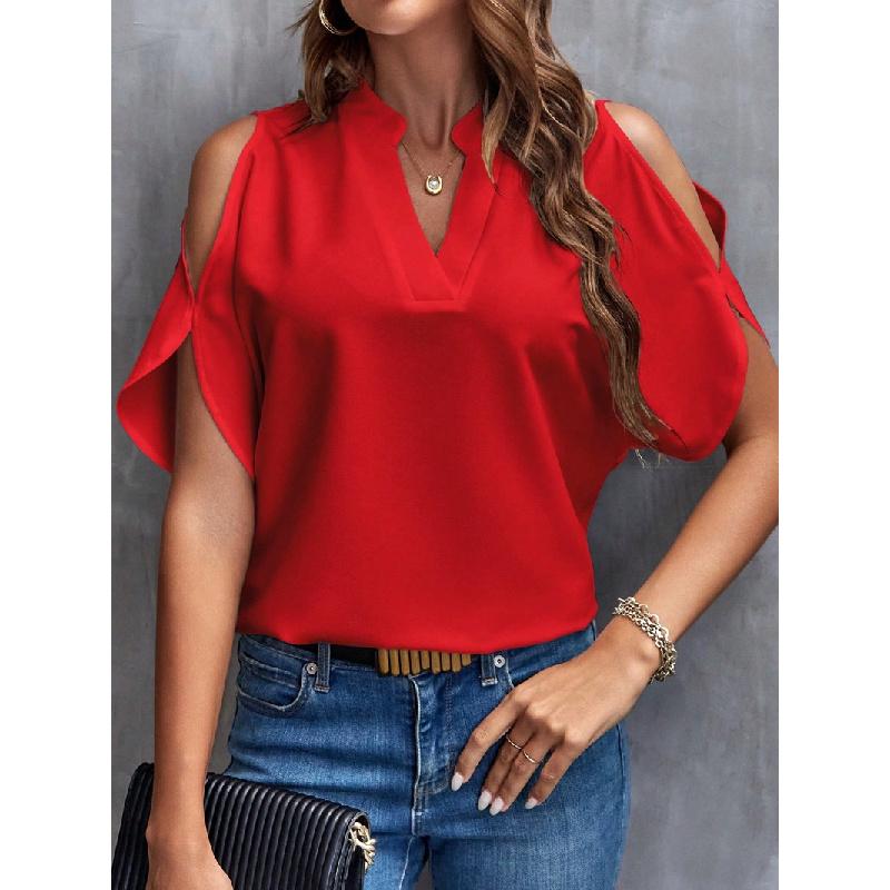2026 Summer New V-neck Elegant Short-sleeve Fashionable Off-shoulder Women's Solid Color Top