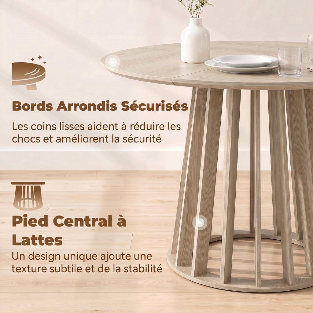 Dining Table, Round, 4-6 People, 120 x 75 cm, Slatted Base, Natural Wood