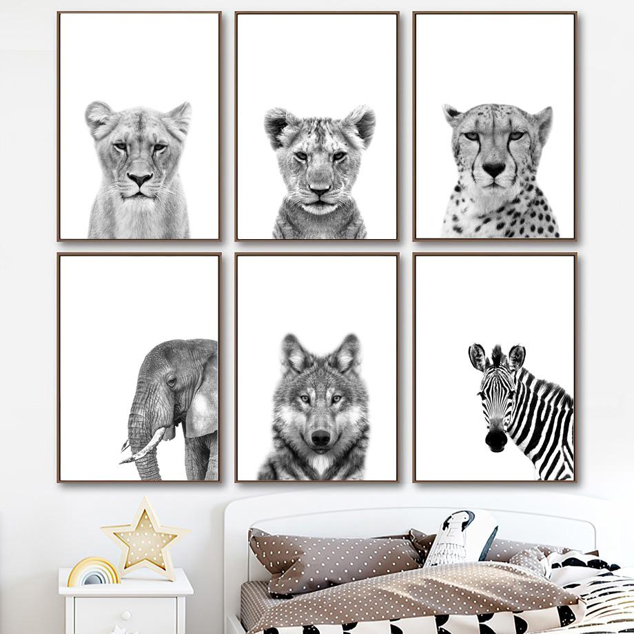 Pôster de animal preto e branco, tigre, leão, girafa, chita, elefante, lobo, zebra, berçário, arte de parede, impressão, pintura em tela, decoração de quarto infantil