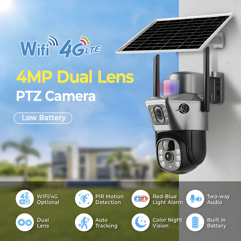 Solar Camera Outdoor 4G Wifi 4K 8MP 360 Wireless Dual Screen Surveillance Night Vision Waterproof Cctv Security Protection IP Cameras