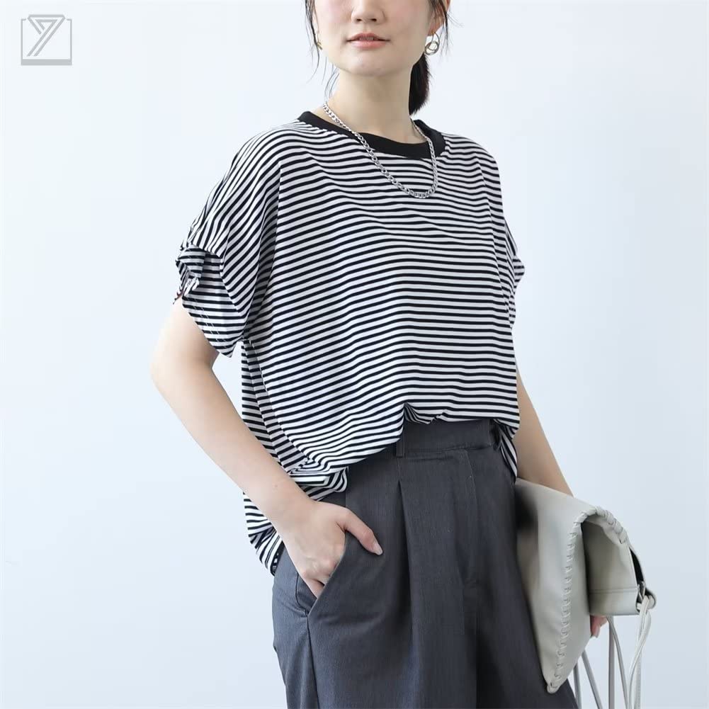 Maglietta da donna [Kayiyasu] a maniche corte e larga, da tutti i giorni, autunnale, a righe, top, manica, camicia, a righe, cucita, vestibilità, casual, morbida, per il pendolarismo, da indossare,
