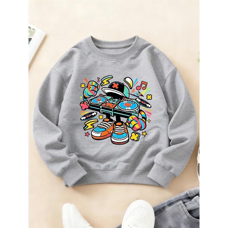 Kids Crewneck Sweatshirt, Trendy Cool Street Hip Hop DJ Sneaker Print Long Sleeve Top for Autumn Winter