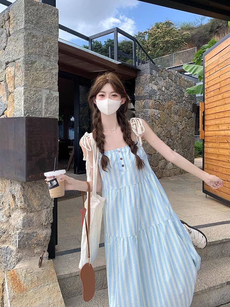 French First Love Blue Suspender Dress Women's Summer New Japanese Literary and Artistic Lazy Style Long Dress Slack