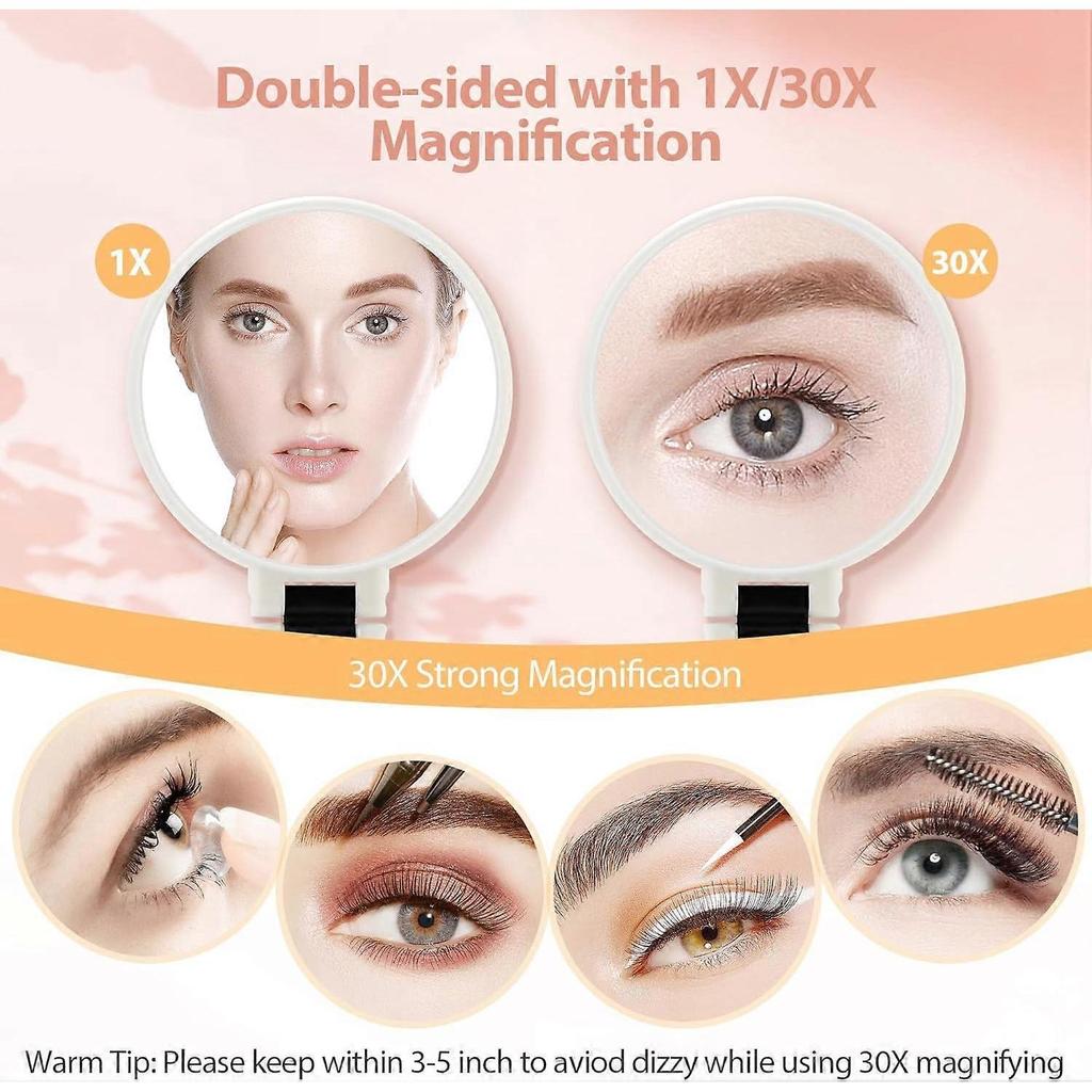 Handheld Mirror, 30X Magnifying Mirror with Stand, Double-Sided Magnifying Mirror with 30X/1X Magnification Mirror, White Less